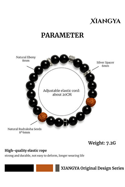 XIANGYA Black Ebony Bracelet with Rudraksha and Silver Accents