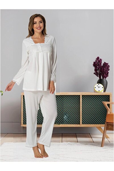 Lohusa Homewear طقم بيجامة للحوامل بتصميم دانتيل أنيق بلون الكريم (إيفورت)