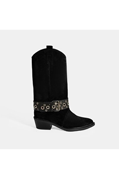 Desa Women's Black Adjustable Belt Accessory Suede Boots