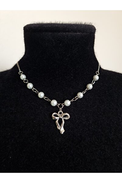 glactuca craft White Pearly Bow Necklace Y2K