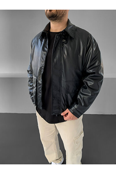 NO1 KONSEPT Μαύρο Premium δερμάτινο παλτό Bomber με λεπτομέρεια τσέπης