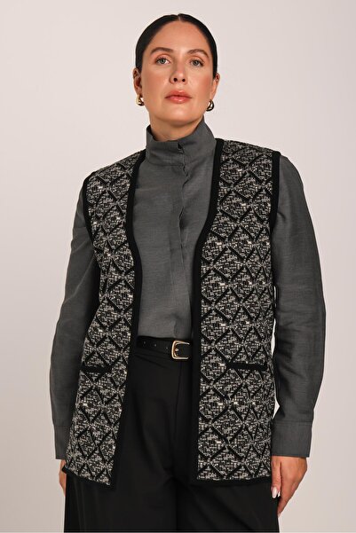 Uludağ Triko Women's Black Diamond Patterned Knitted Mother's Vest with Pockets
