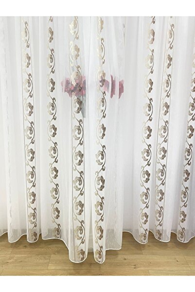 Liz Line Curtain with rejansa, mechanically embroidered, white/brown color, from the "DragonTail" collection by PD074