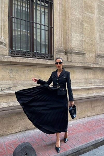 Diemmood Kadın Altın Düğme Detaylı Kemerli Vatkalı Tesettür Piliseli Etek ve ...