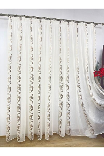 Liz Line Curtain with rejansa, mechanically embroidered, ivory/brown color, from the "DragonTail" collection by PD071