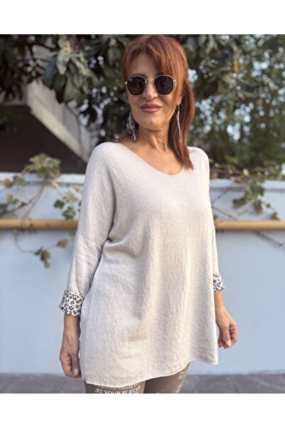 DenizEge Italian Knitwear V-Neck Inside Leopard Pattern Stone Color