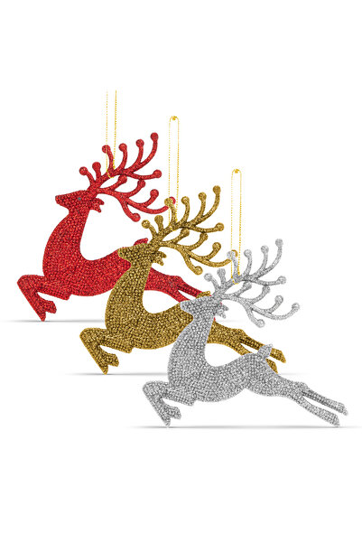 CED AUTO TRADE Decor de brad- ren cu sclipici - 12 cm - rosu / auriu / argint...