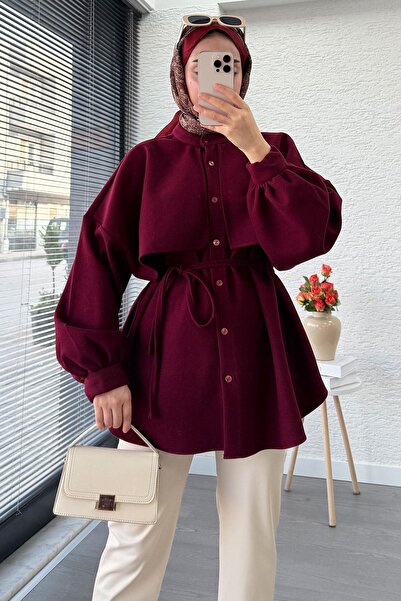 MELEK ARAZ Cape Detailed Front Buttoned Cashmere Shirt – Burgundy