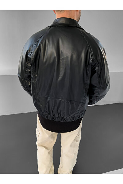 NO1 KONSEPT Μαύρο Premium δερμάτινο παλτό Bomber με λεπτομέρεια τσέπης