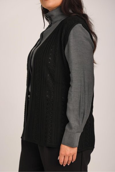Uludağ Triko Women's Black Lace Patterned Embroidered Mercerized Knitwear Mother Vest