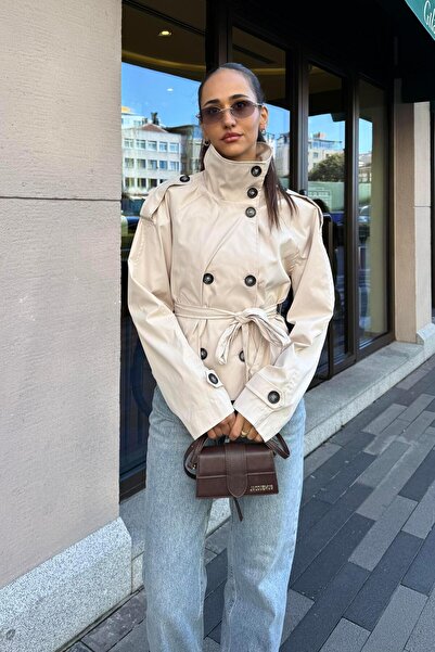 Nazliye Ekru Dik Yaka Midi Trençkot