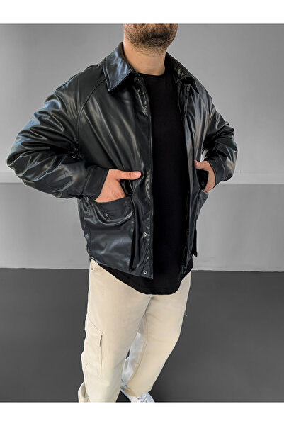 NO1 KONSEPT Μαύρο Premium δερμάτινο παλτό Bomber με λεπτομέρεια τσέπης