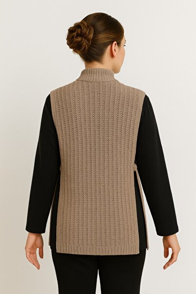 Seamoda Turtleneck Basic Plain Side Slit Crochet Knitwear Sweater-Mink