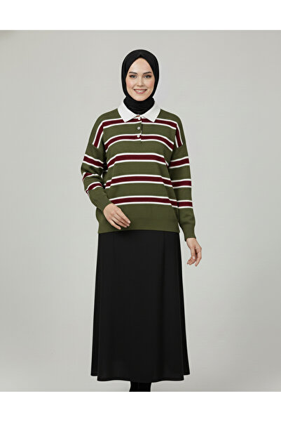 BENAHOLL سترة أليزا بياقة بولو مخططة بأزرار - كيه آر5053 كاكي