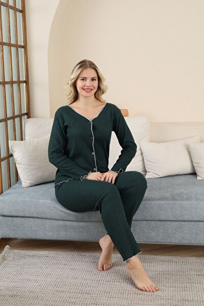 pijamacity KADIN V YAKA FİTİLLİ İNTERLOK PİJAMA TAKIMI
