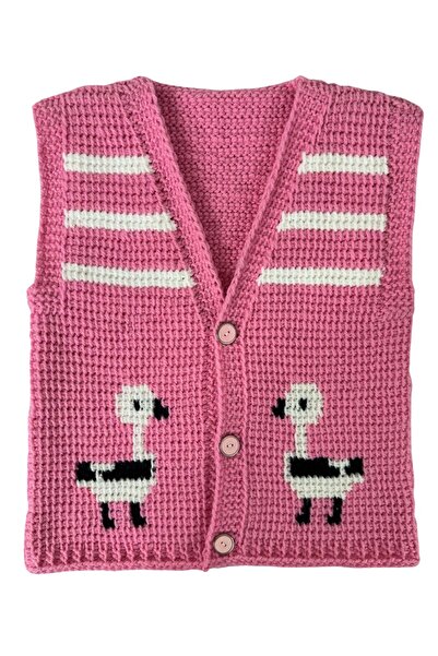 Uretti - Çiğdem 1390 3561 Hand-Knitted Duck Patterned Vest / 1 - 2 Years Old