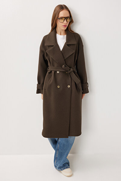 Lovelyİstanbul decolteu petrecut în V Palton cu bretele LDW0007 KHAKI