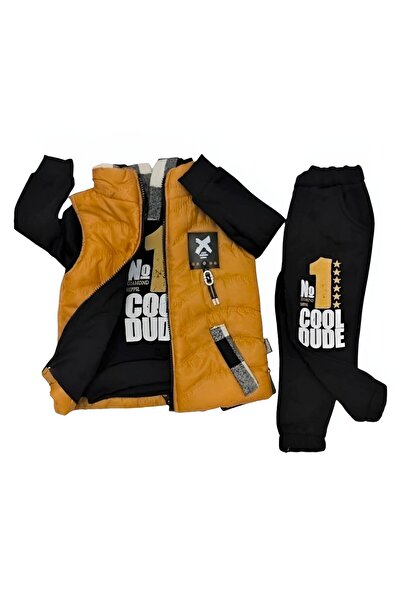 Hippıl Baby Men's Vest Set 3-Piece Set - Cotton Lined Vest, Lumberjack Detailed Fleece-Lined Sweatshirt and Sweatpants