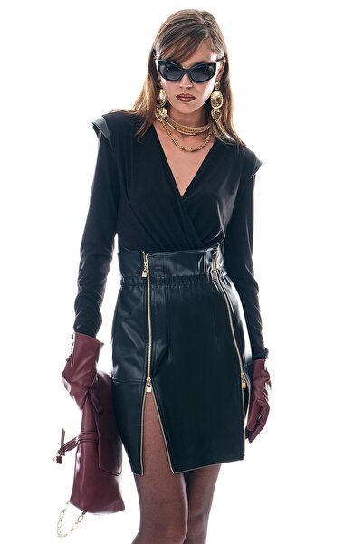 EXPLOSION Leather Skirt with Double Zipper and Elastic Waist Detail