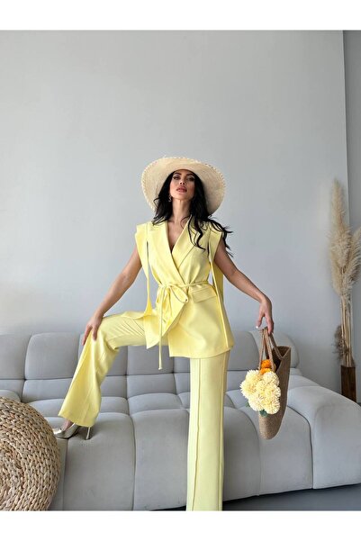 Bella Breeze Kadın Oversize Bağlamalı Tasarım Yelek Pantolon Takım Elbise