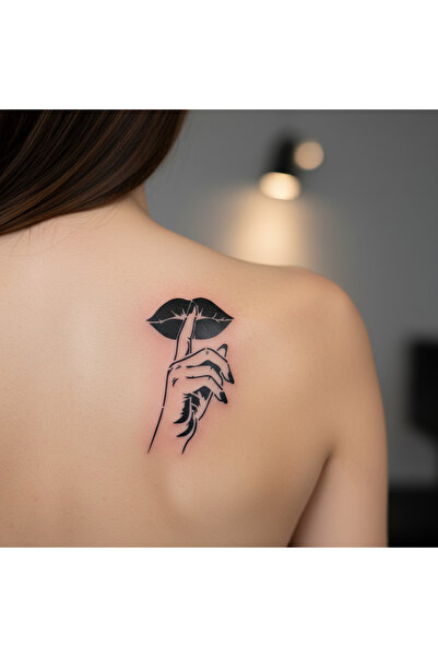 Lavmi Sessiz Ol Dudak Dövmesi Geçici Dövme Şablonu - 7X4,5 CM (Kına ve Fırça Dahildir)