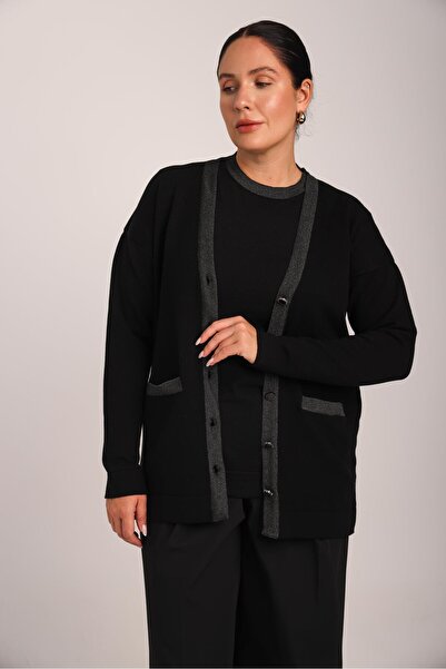 Uludağ Triko Women's Black Glitter Collar Buttoned Comfortable Cut Pocketed Knitwear Cardigan