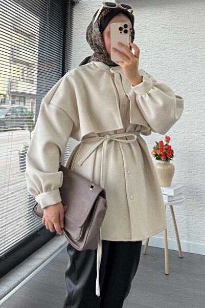 MELEK ARAZ Cape Detailed Front Buttoned Cashmere Shirt – Stone