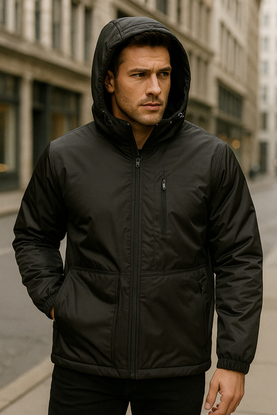 REMSA Ανδρικό χειμερινό παλτό με με κουκούλα τσέπες με λεπτομέρειες από φλις εσωτερικά 2571 Μαύρο