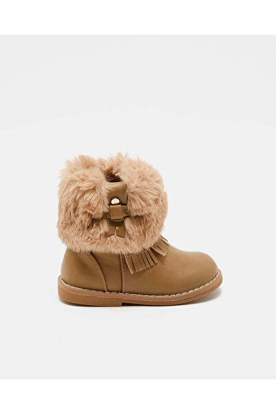 REDTAG Infant Girls Tan Fur Embellished Ankle Boot