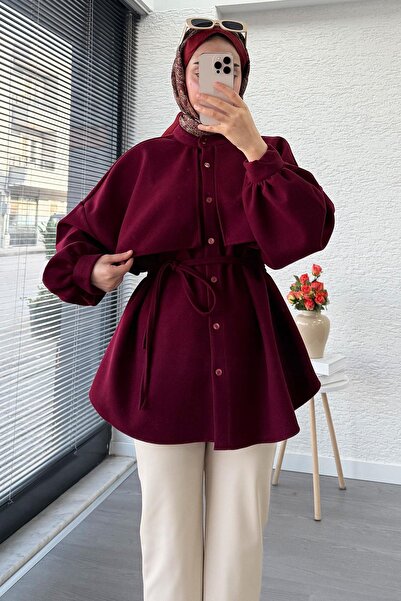 MELEK ARAZ Cape Detailed Front Buttoned Cashmere Shirt – Burgundy