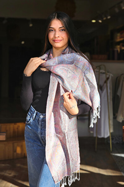 İpek Pembe Gri Jakarlı Fular