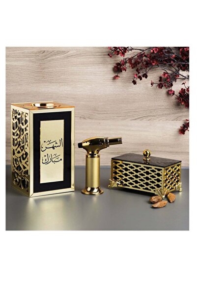 Story of candle An incense burner with a box for storing incense, bearing the phrase "Blessed Month," along with Maroki oud and a luxury lighter.