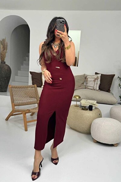 FioriModa V-Neck Zero Sleeve Side Slit Ottoman Fabric Dress