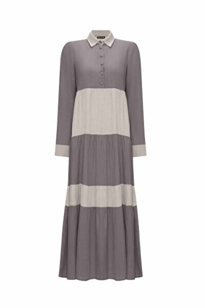 MISS DALIDA İki Renkli Erkek Yaka Keten Antrasit Elbise