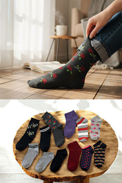 KAYS Women's Men's 12-Piece Mixed Socks - Booties - Reverse Towels - Socks Set Patterned, Plain, Colorful Models