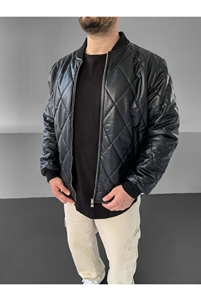 NO1 KONSEPT Μαύρο Premium Καπιτονέ Δερμάτινο Παλτό Bomber