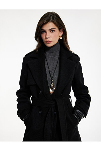 Koton Long Sleeve Pocketed Buttoned Belted Long Double-Breasted Cashmere Coat