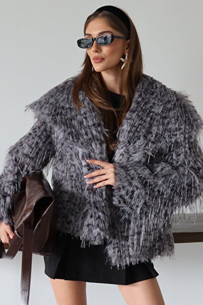 VAGGON Women's Anthracite Wide Collar Tasseled Premium Fur Coat Vs01472