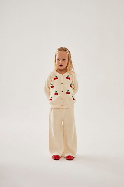 miabambim Cherry Embroidered Buttoned Knitwear Set Ecru