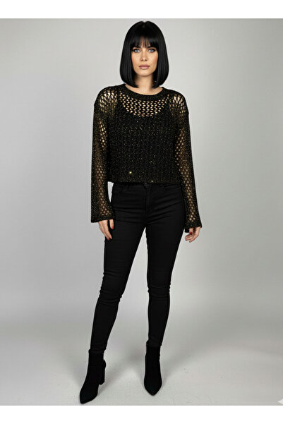 Teenage Millionaire Women's Black Gold Glitter Mesh Woven Long Spanish Sleeve Blouse