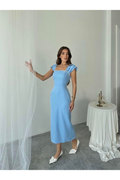 EtikaOnline Kadın Tasarım Taş Yaka Feris Uzun Elbise