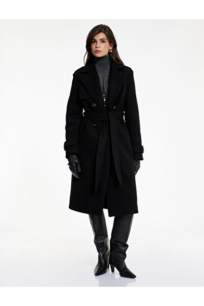 Koton Long Sleeve Pocketed Buttoned Belted Long Double-Breasted Cashmere Coat