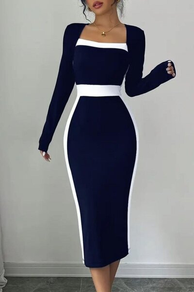 Mossta Geometric Collar Midi Imported Crepe Dress - Navy Blue