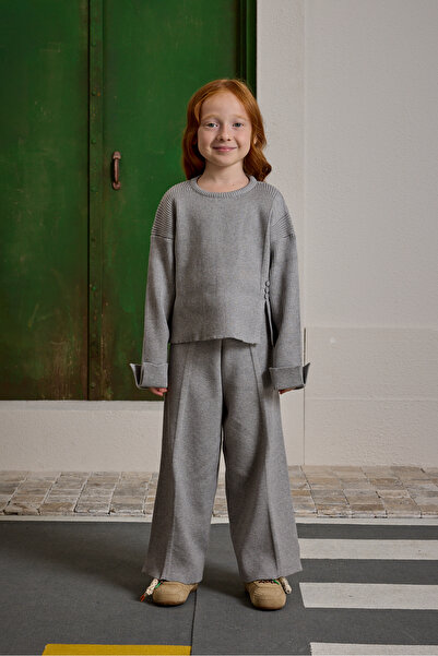 Fahhar Kids Silk Textured Knitwear Set Gray Melange