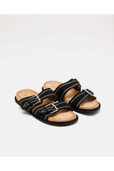 REDTAG Women Black Embroidered Buckle Mule