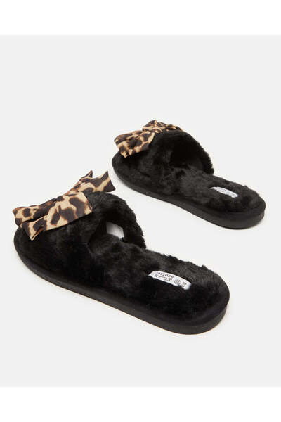 REDTAG Women Black Bow Flower Print Slipper