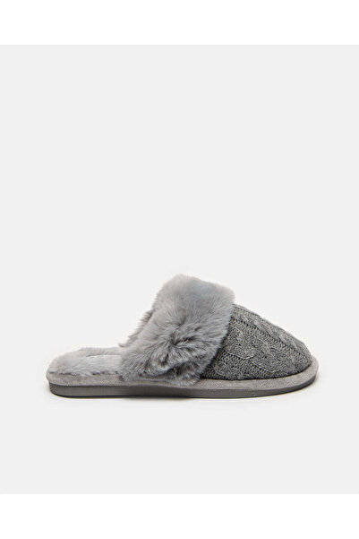REDTAG Women Grey Chenille Fur Trim Closed Toe Slipper