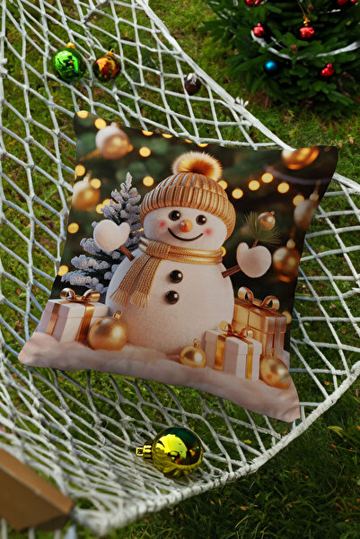 Ahsen Dekoratif Christmas Themed Snowman and Deer Patterned 4-Piece Digital Printed Gift Pillow Cushion Cover