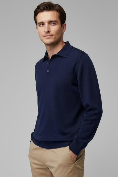 CHUBA Men's Polo Neck Buttoned Knitwear Sweater Navy Blue 26W2012