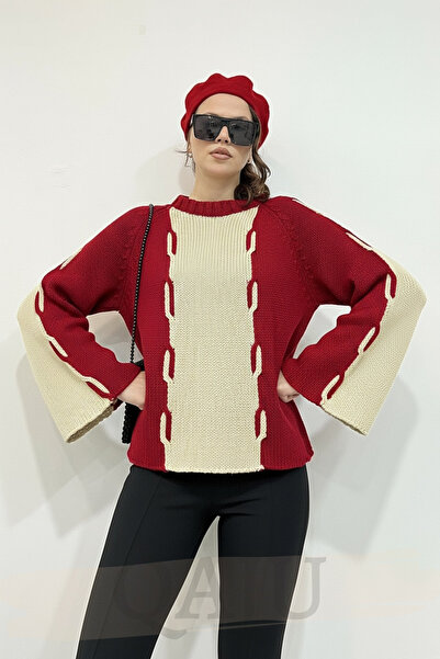 Qaju Women's Oversized Knitwear Sweater - Red Beige